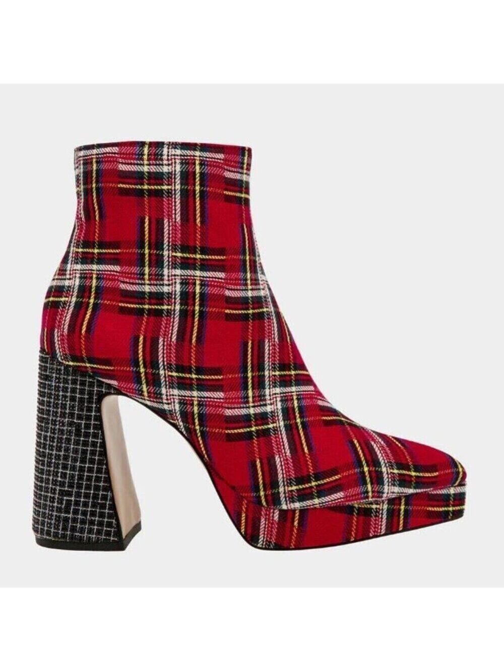 BETSEY JOHNSON WOMEN'S RAYLAN PLATFORM HEEL BOOTS RED PLAID RHINESTONES 10M